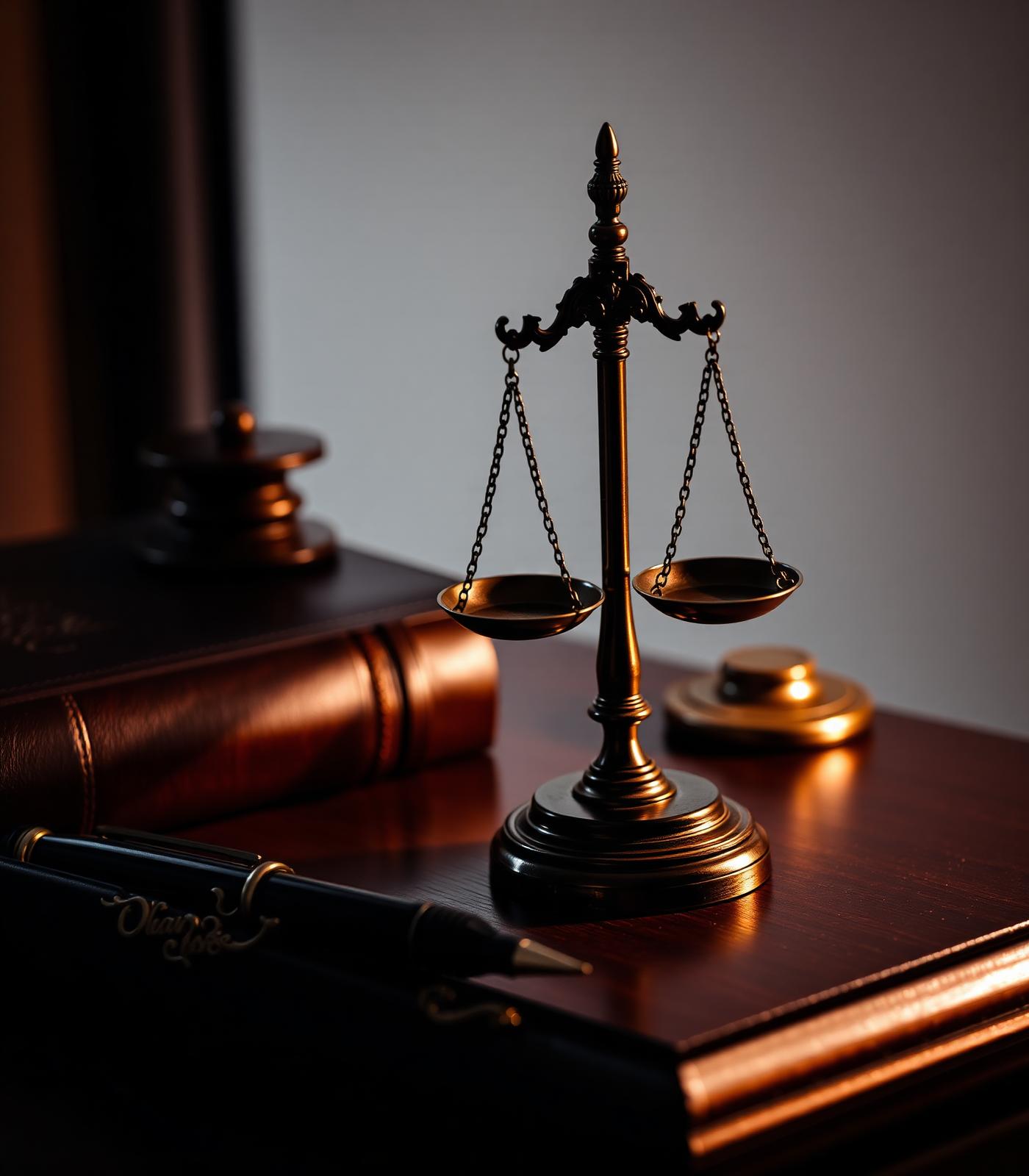 Balanza de la justicia sobre escritorio de nogal
